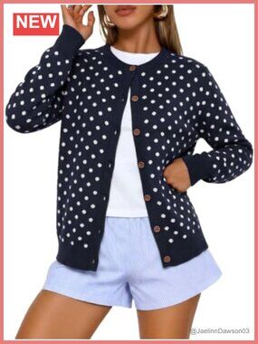 Polka Dot Button Down Cardigan Crewneck Knit Polyester Sweater